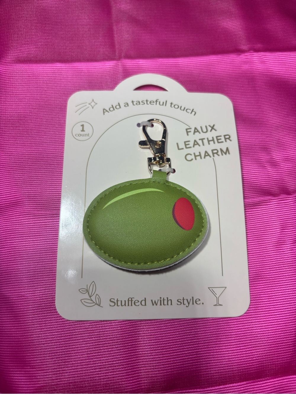 New Bag Charm Olive Faux Leather Charm Keychain - Green with Red Accent